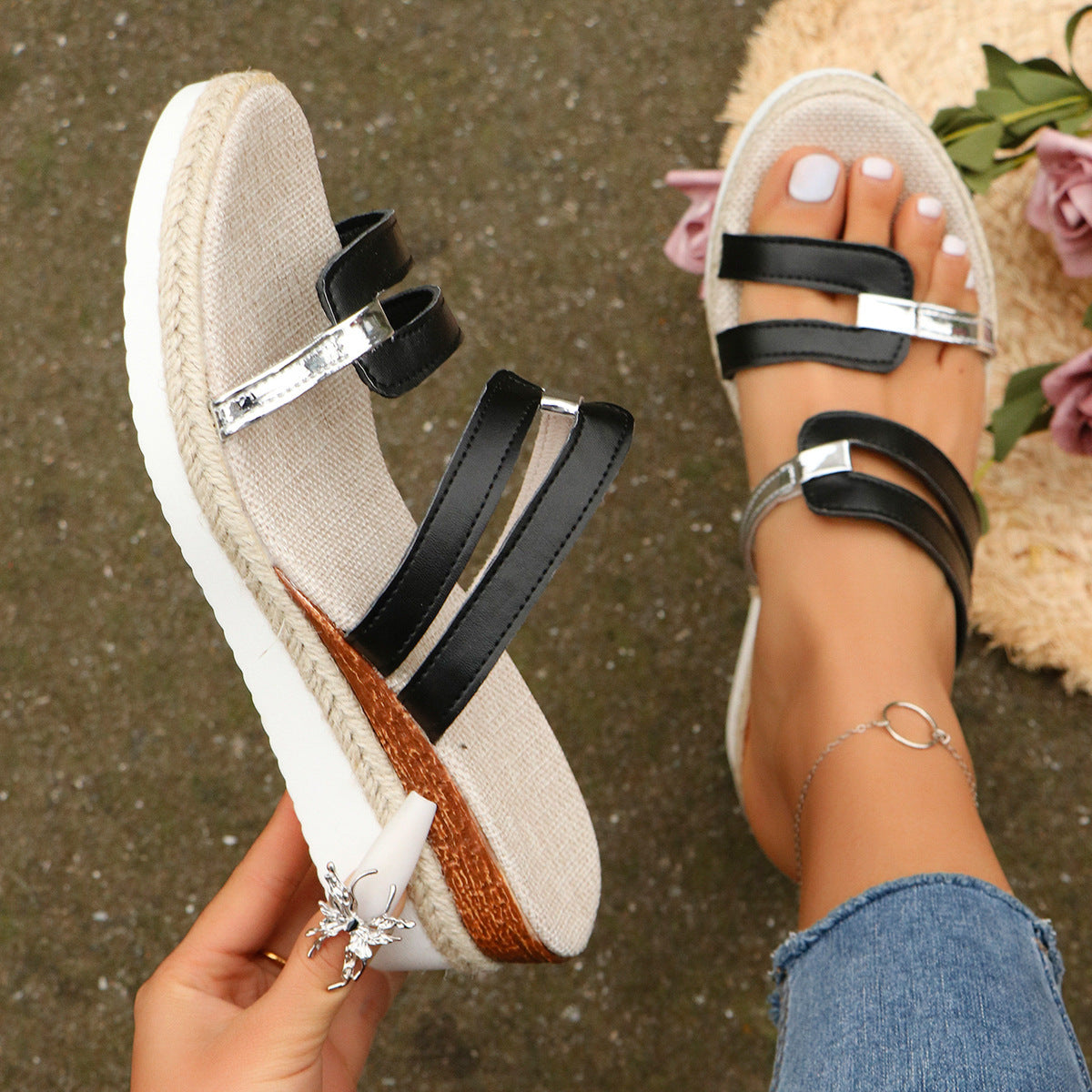 Colorblock-strap Wedges Sandals Summer Fashion Hemp Heel Slides Slippers Outdoor Thick Bottom Fish Mouth Shoes For Women - Daily Goods