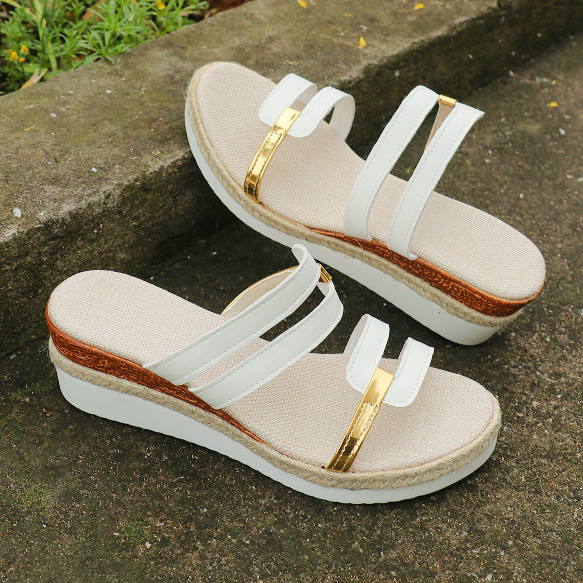 Colorblock-strap Wedges Sandals Summer Fashion Hemp Heel Slides Slippers Outdoor Thick Bottom Fish Mouth Shoes For Women - Daily Goods
