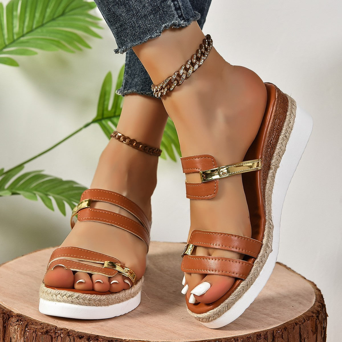 Colorblock-strap Wedges Sandals Summer Fashion Hemp Heel Slides Slippers Outdoor Thick Bottom Fish Mouth Shoes For Women - Daily Goods
