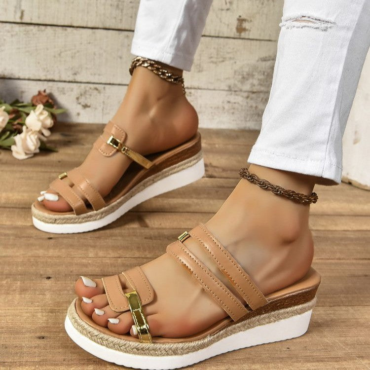 Colorblock-strap Wedges Sandals Summer Fashion Hemp Heel Slides Slippers Outdoor Thick Bottom Fish Mouth Shoes For Women - Daily Goods