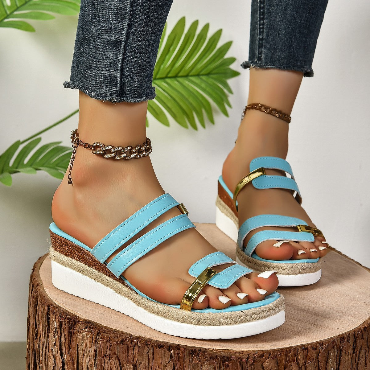 Colorblock-strap Wedges Sandals Summer Fashion Hemp Heel Slides Slippers Outdoor Thick Bottom Fish Mouth Shoes For Women - Daily Goods