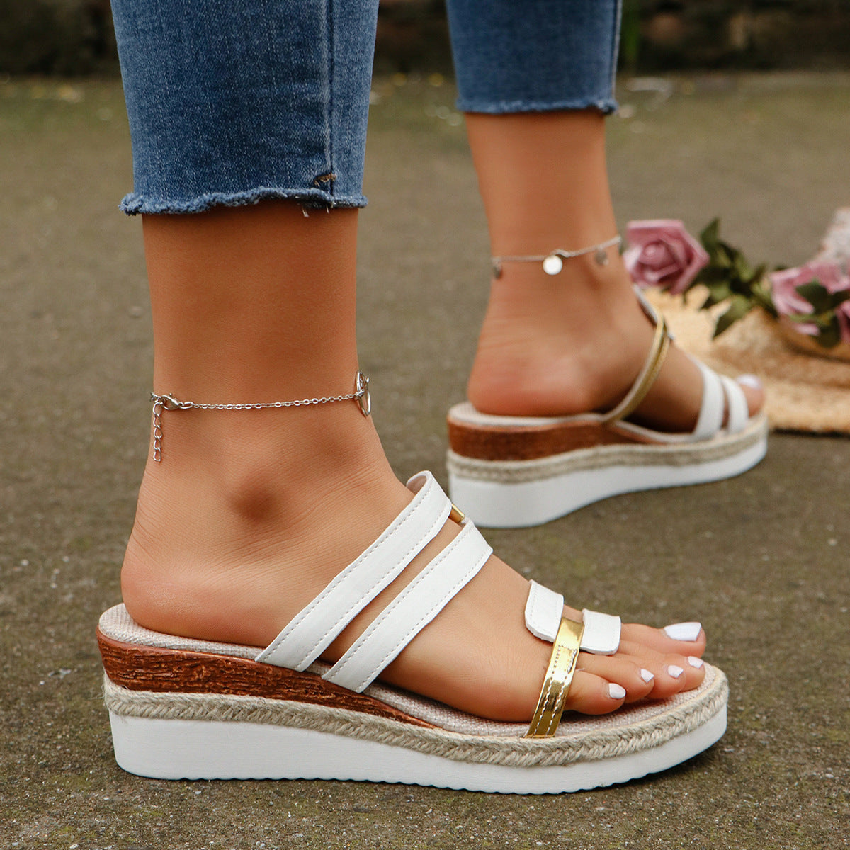 Colorblock-strap Wedges Sandals Summer Fashion Hemp Heel Slides Slippers Outdoor Thick Bottom Fish Mouth Shoes For Women - Daily Goods