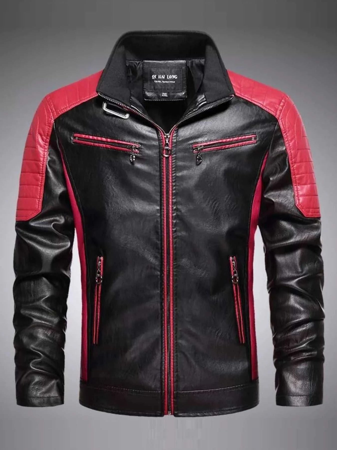 Men's Black Plus Size Slim Fit Zip Up Moto Jacket