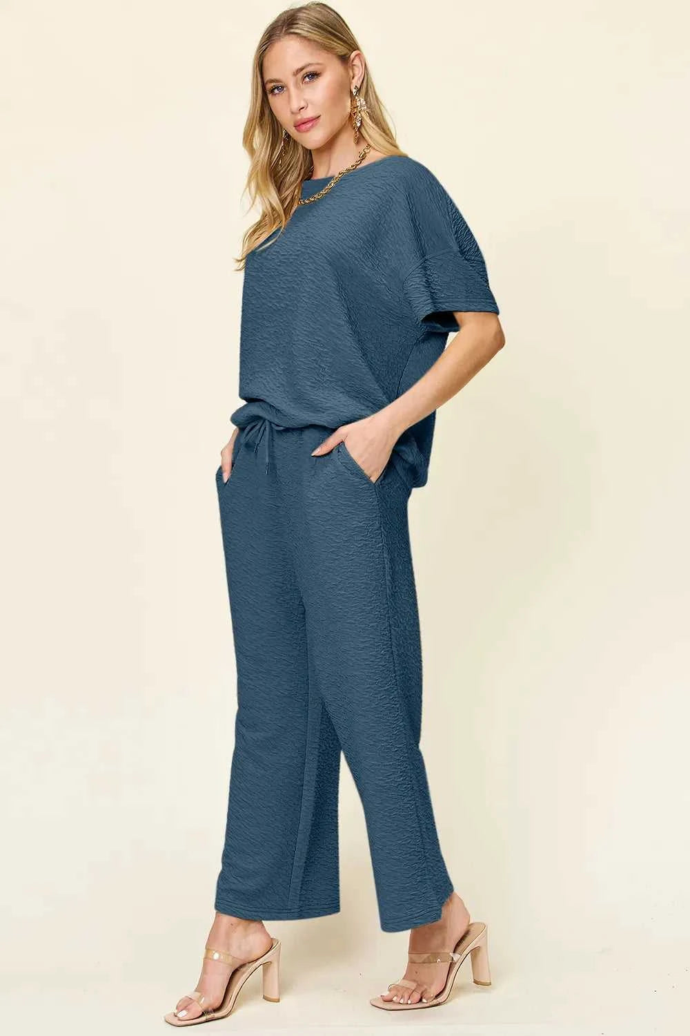 Women's Full Size Texture Short Sleeve Top and Pants Set