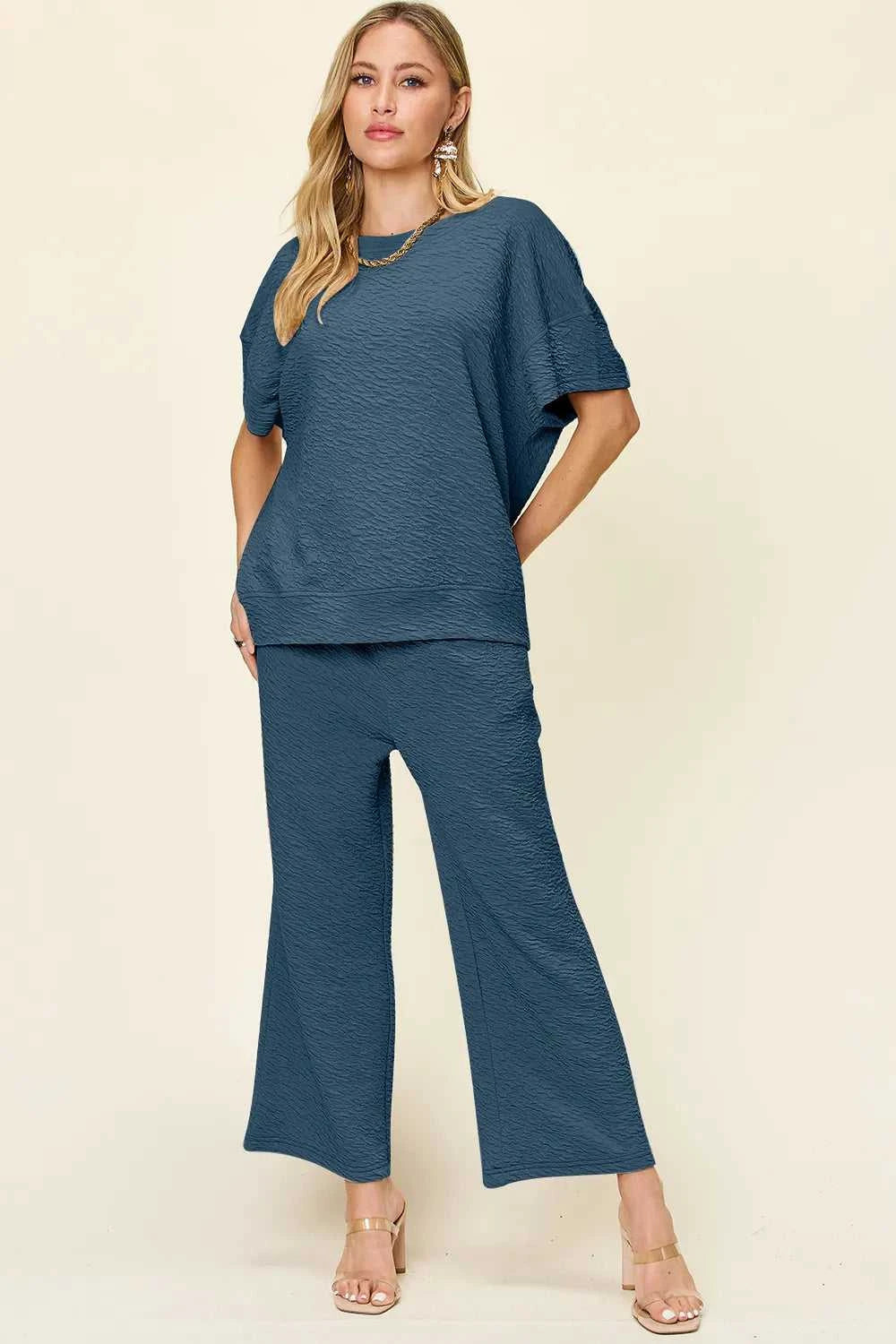 Women's Full Size Texture Short Sleeve Top and Pants Set