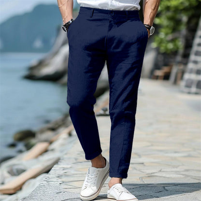 Men’s Linen Slim Fit Trousers – Solid Color Mid-Waist Skinny Pants, Casual Youth Style with Zipper Fly - Daily Goods