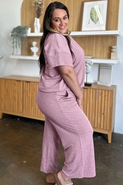 Women's Full Size Texture Short Sleeve Top and Pants Set