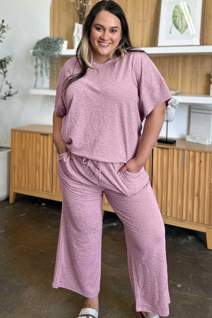 Women's Full Size Texture Short Sleeve Top and Pants Set