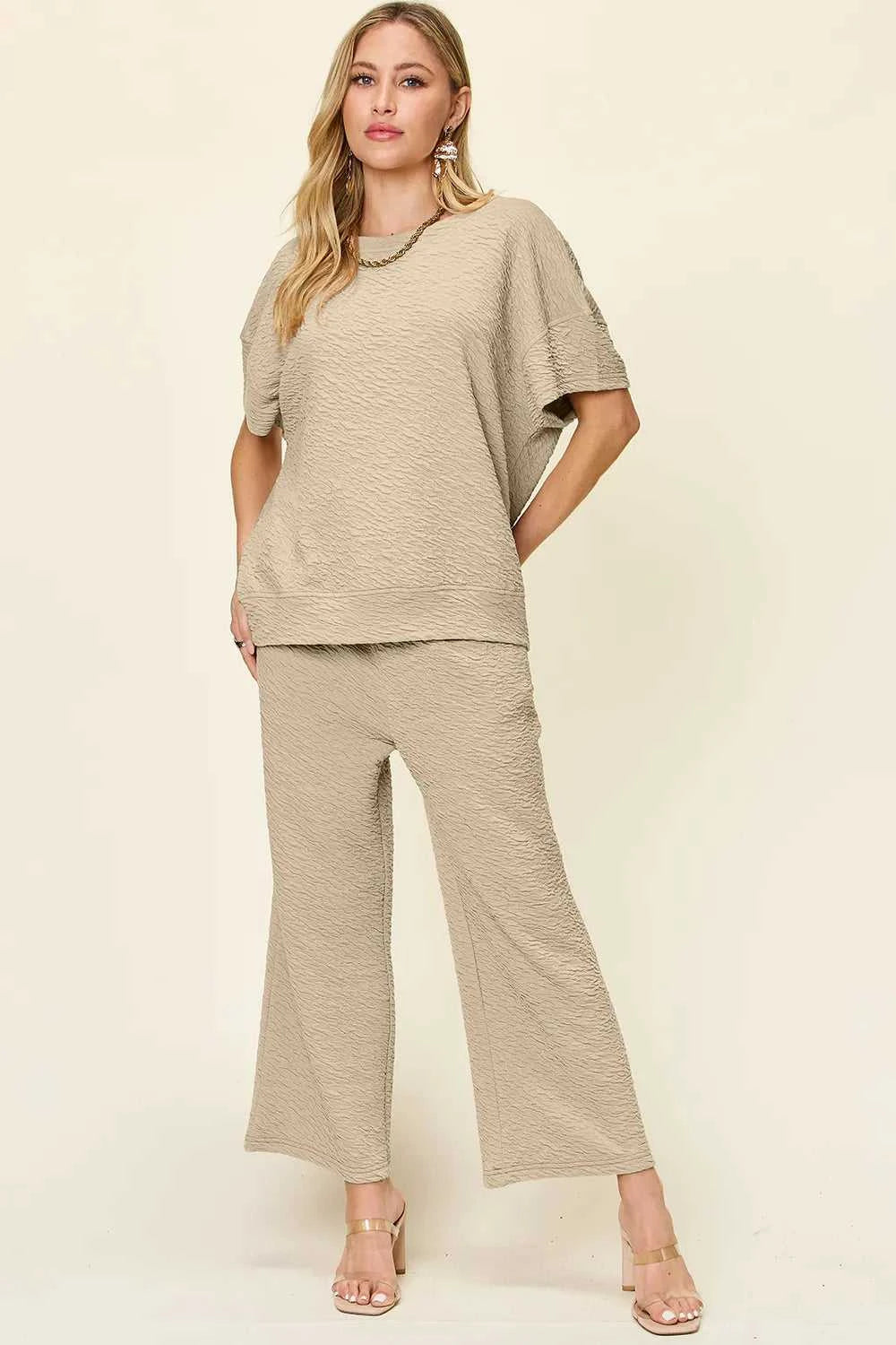 Women's Full Size Texture Short Sleeve Top and Pants Set