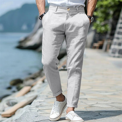 Men’s Linen Slim Fit Trousers – Solid Color Mid-Waist Skinny Pants, Casual Youth Style with Zipper Fly - Daily Goods