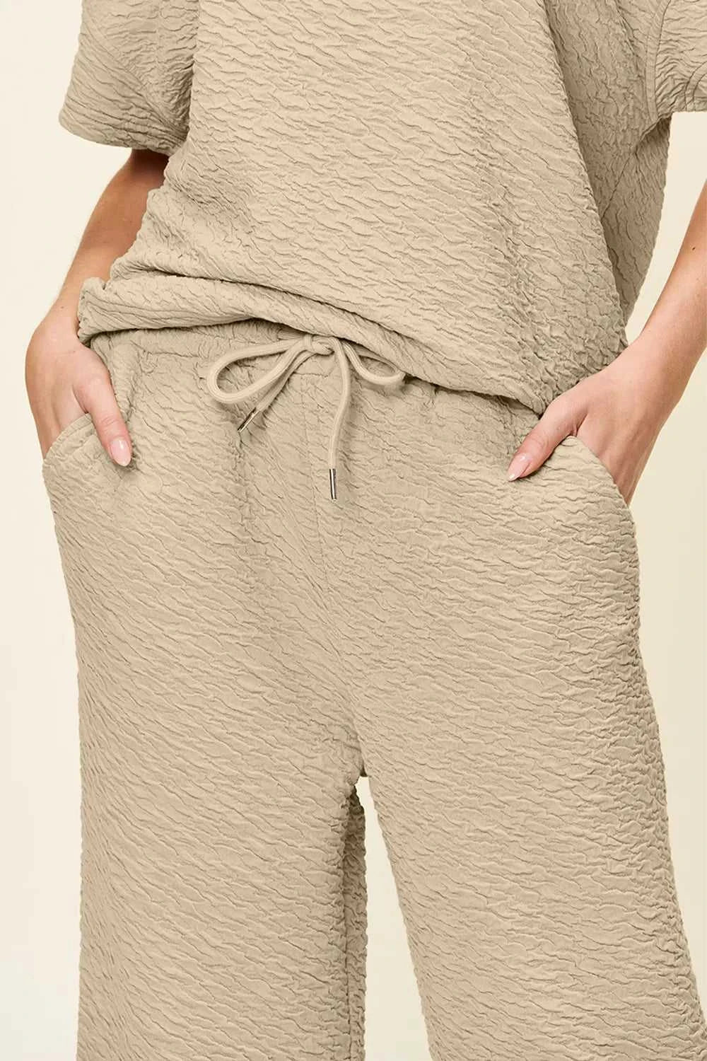 Women's Full Size Texture Short Sleeve Top and Pants Set