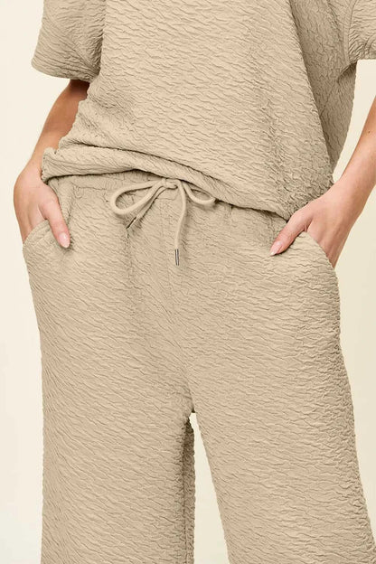 Women's Full Size Texture Short Sleeve Top and Pants Set