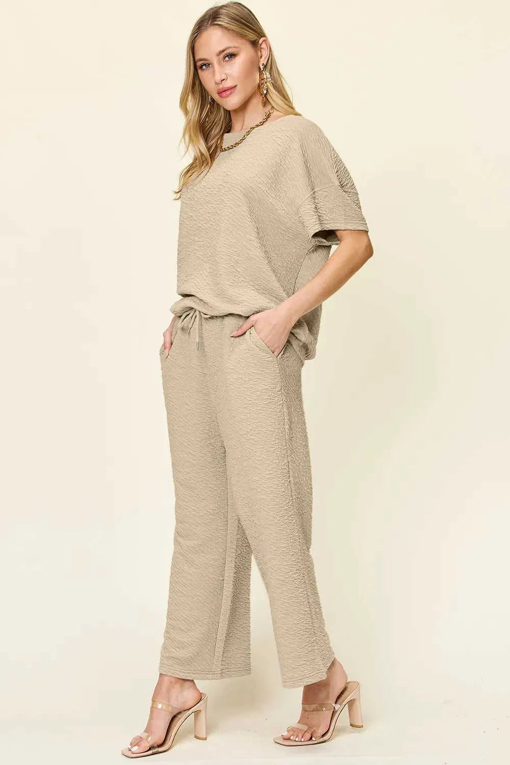Women's Full Size Texture Short Sleeve Top and Pants Set