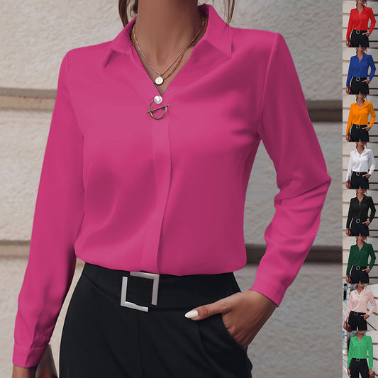 Women’s Slim Fit Long Sleeve Blouse – Solid Color with Metal Decoration | Elegant Office Top - Daily Goods