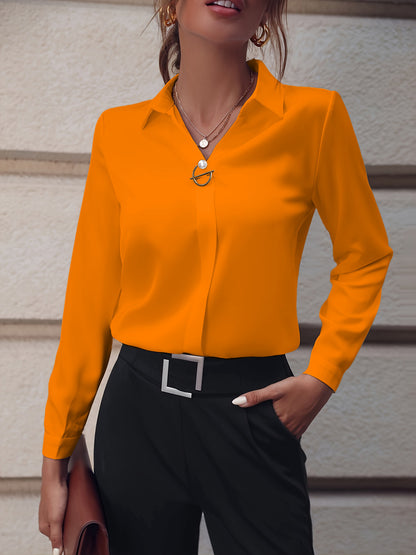 Women’s Slim Fit Long Sleeve Blouse – Solid Color with Metal Decoration | Elegant Office Top - Daily Goods