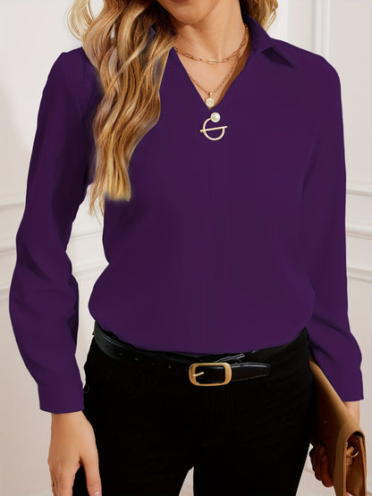 Women’s Slim Fit Long Sleeve Blouse – Solid Color with Metal Decoration | Elegant Office Top - Daily Goods