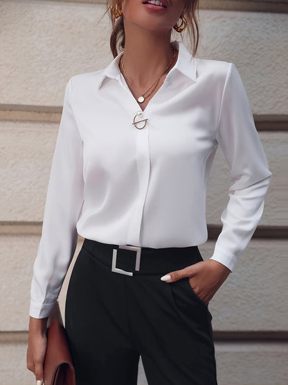 Women’s Slim Fit Long Sleeve Blouse – Solid Color with Metal Decoration | Elegant Office Top - Daily Goods