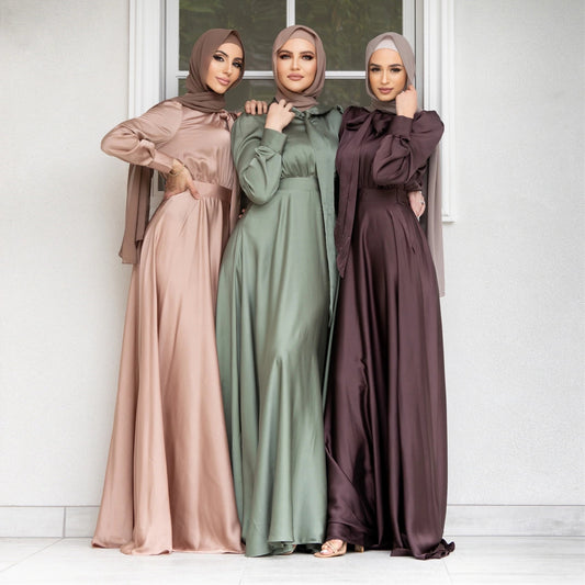 Elegant Large Hem Satin Dress for Women – Puff Sleeve Lace-Up Gown Dress - Daily Goods