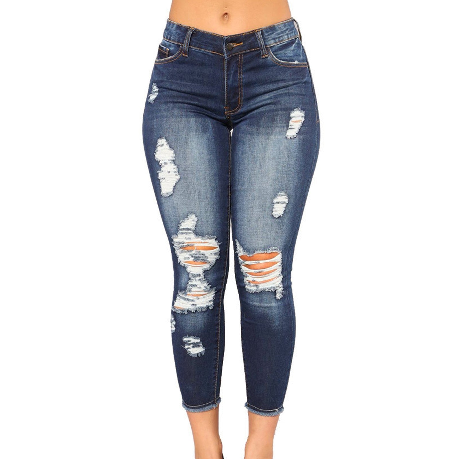 Women’s Slim Fit Ripped Skinny Jeans – Stretch Mid-Waist Denim Pencil Pants - Daily Goods