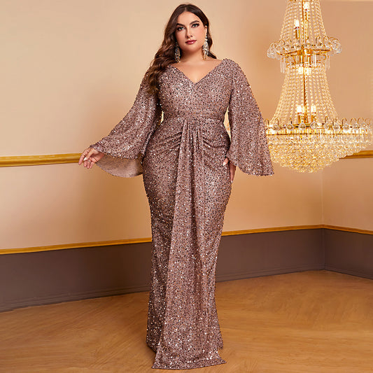 Women’s Elegant Sequin V-Neck Long Sleeve Pleated Dress - Daily Goods