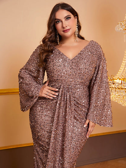 Women’s Elegant Sequin V-Neck Long Sleeve Pleated Dress - Daily Goods