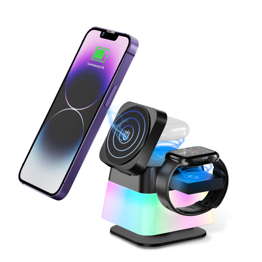 4-in-1 rotatable foldable wireless charger with colorful night light. Fast-charge iPhone, Apple Watch & AirPods safely in one stylish dock - Daily Goods