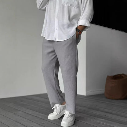 Men's Striped Cropped Pants – Mid-Waist Ice Silk Summer Pants, Straight Leg - Daily Goods