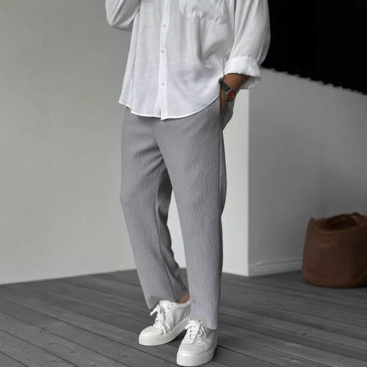 Men's Striped Cropped Pants – Mid-Waist Ice Silk Summer Pants, Straight Leg - Daily Goods