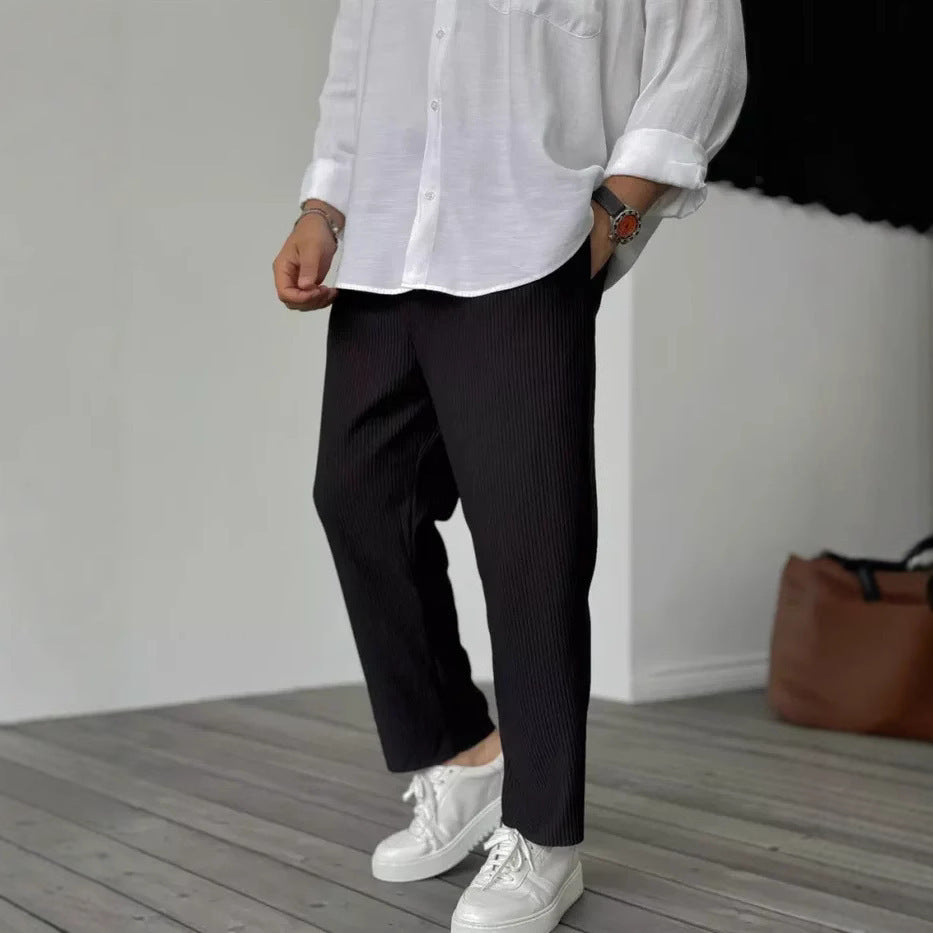 Men's Striped Cropped Pants – Mid-Waist Ice Silk Summer Pants, Straight Leg - Daily Goods