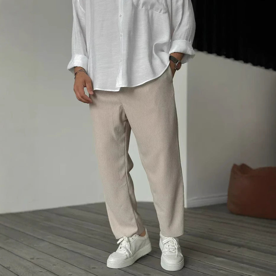 Men's Striped Cropped Pants – Mid-Waist Ice Silk Summer Pants, Straight Leg - Daily Goods