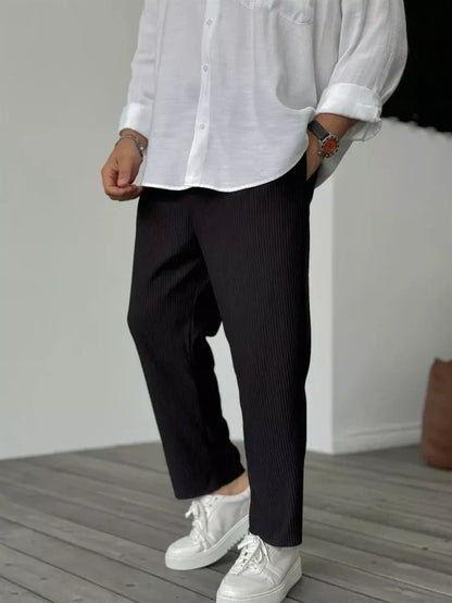 Men's Striped Cropped Pants – Mid-Waist Ice Silk Summer Pants, Straight Leg - Daily Goods