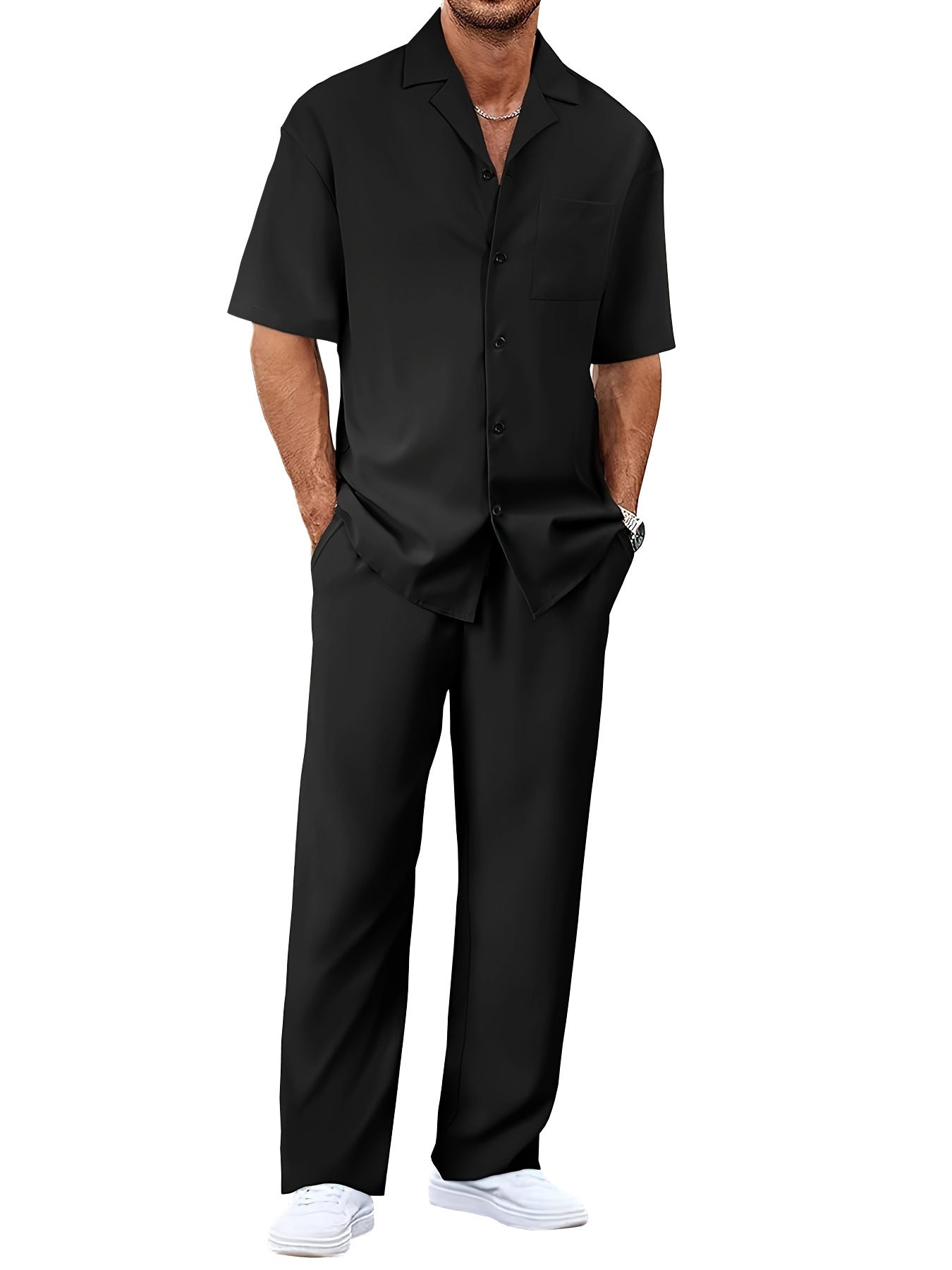 Men’s Summer Polyester Shirt & Trousers Set – Short Sleeve Top, Lightweight Casual Leisure Wear, Youth Style - Daily Goods