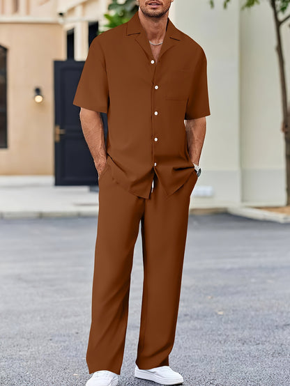 Men’s Summer Polyester Shirt & Trousers Set – Short Sleeve Top, Lightweight Casual Leisure Wear, Youth Style - Daily Goods