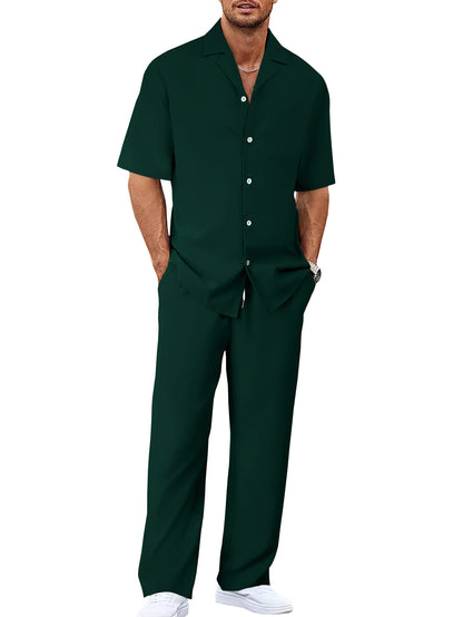 Men’s Summer Polyester Shirt & Trousers Set – Short Sleeve Top, Lightweight Casual Leisure Wear, Youth Style - Daily Goods