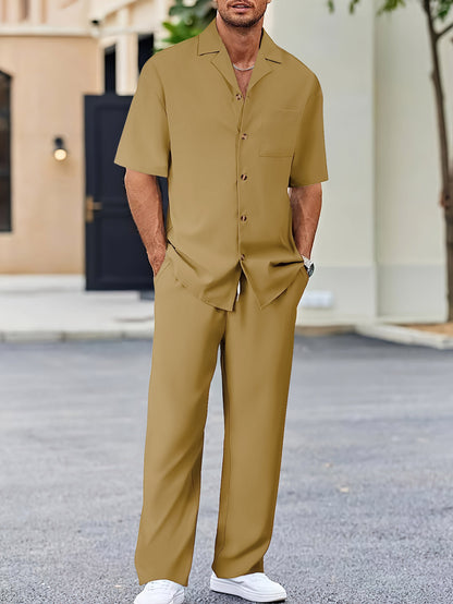 Men’s Summer Polyester Shirt & Trousers Set – Short Sleeve Top, Lightweight Casual Leisure Wear, Youth Style - Daily Goods