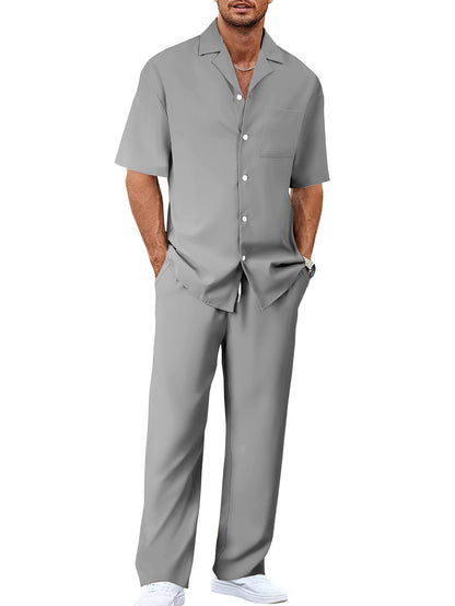 Men’s Summer Polyester Shirt & Trousers Set – Short Sleeve Top, Lightweight Casual Leisure Wear, Youth Style - Daily Goods