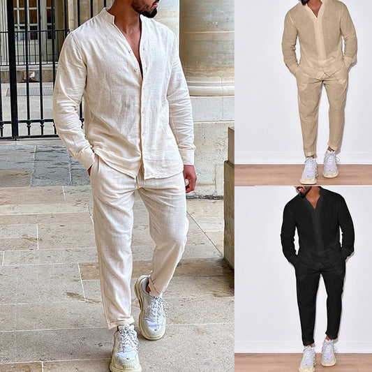 Men’s Linen Shirt & Trousers Set – Long Sleeve Casual Outfit - Daily Goods