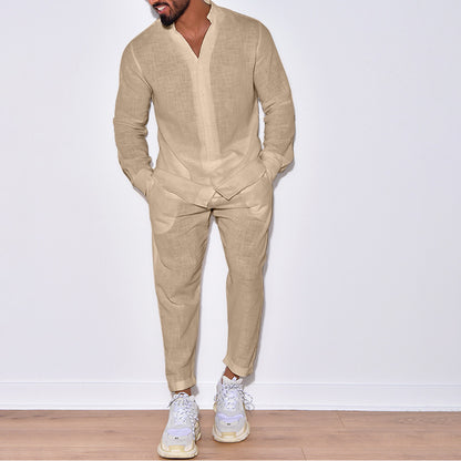 Men’s Linen Shirt & Trousers Set – Long Sleeve Casual Outfit - Daily Goods