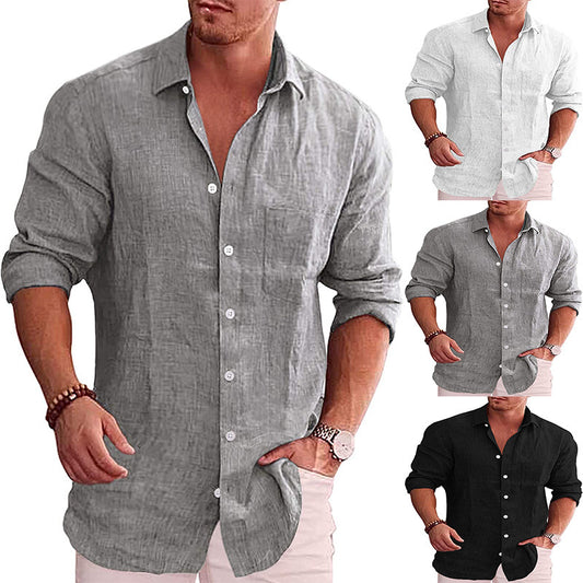 Men’s Casual Cotton-Linen Cardigan – Long Sleeve Lapel Collar, Plain Design, Slim Fit - Daily Goods