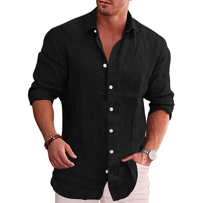 Men’s Casual Cotton-Linen Cardigan – Long Sleeve Lapel Collar, Plain Design, Slim Fit - Daily Goods