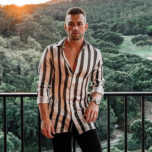 Men’s Striped Lapel Cardigan – Loose Fit, Long Sleeve Polyester shirt Casual Spring & Autumn Wear - Daily Goods
