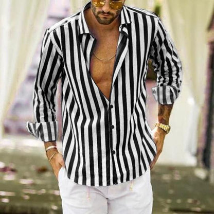 Men’s Striped Lapel Cardigan – Loose Fit, Long Sleeve Polyester shirt Casual Spring & Autumn Wear - Daily Goods