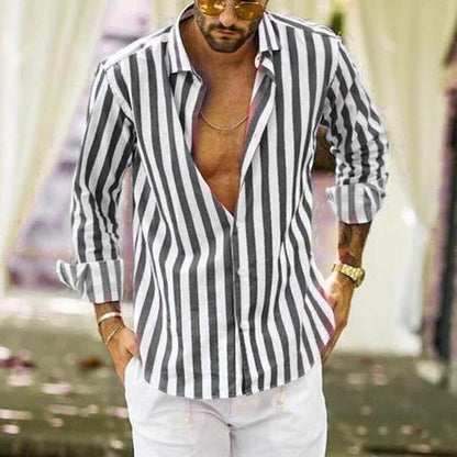 Men’s Striped Lapel Cardigan – Loose Fit, Long Sleeve Polyester shirt Casual Spring & Autumn Wear - Daily Goods