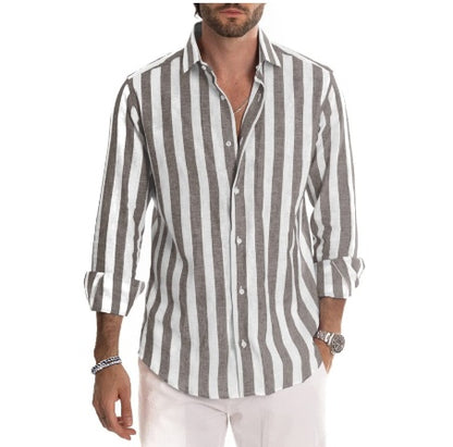 Men’s Striped Lapel Cardigan – Loose Fit, Long Sleeve Polyester shirt Casual Spring & Autumn Wear - Daily Goods