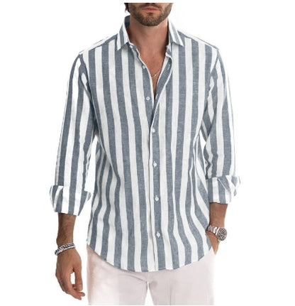 Men’s Striped Lapel Cardigan – Loose Fit, Long Sleeve Polyester shirt Casual Spring & Autumn Wear - Daily Goods