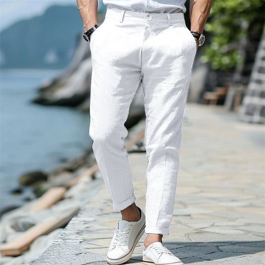 Men’s Linen Slim Fit Trousers – Solid Color Mid-Waist Skinny Pants, Casual Youth Style with Zipper Fly - Daily Goods
