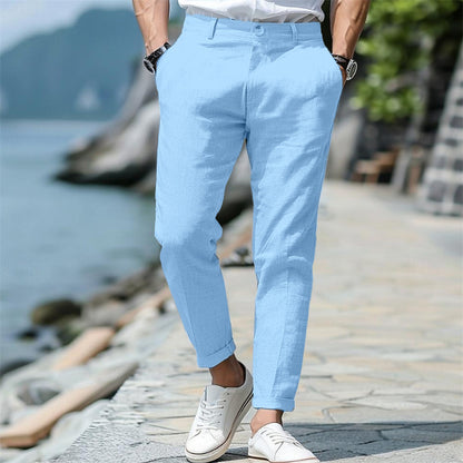 Men’s Linen Slim Fit Trousers – Solid Color Mid-Waist Skinny Pants, Casual Youth Style with Zipper Fly - Daily Goods