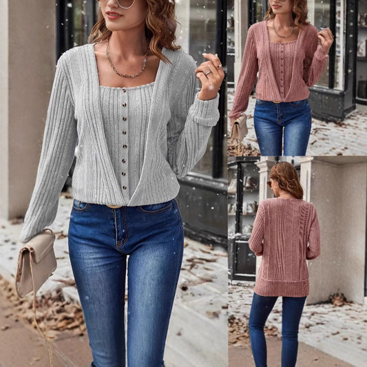 Women’s Button Loose Long-Sleeve Knitted T-Shirt – Solid Color Pullover - Daily Goods