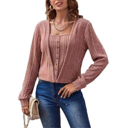 Women’s Button Loose Long-Sleeve Knitted T-Shirt – Solid Color Pullover - Daily Goods