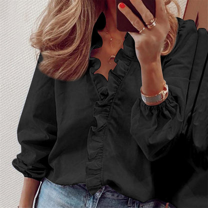 European & American Style Women’s Long-Sleeved Ruffled Shirt – Elegant Casual Top - Daily Goods